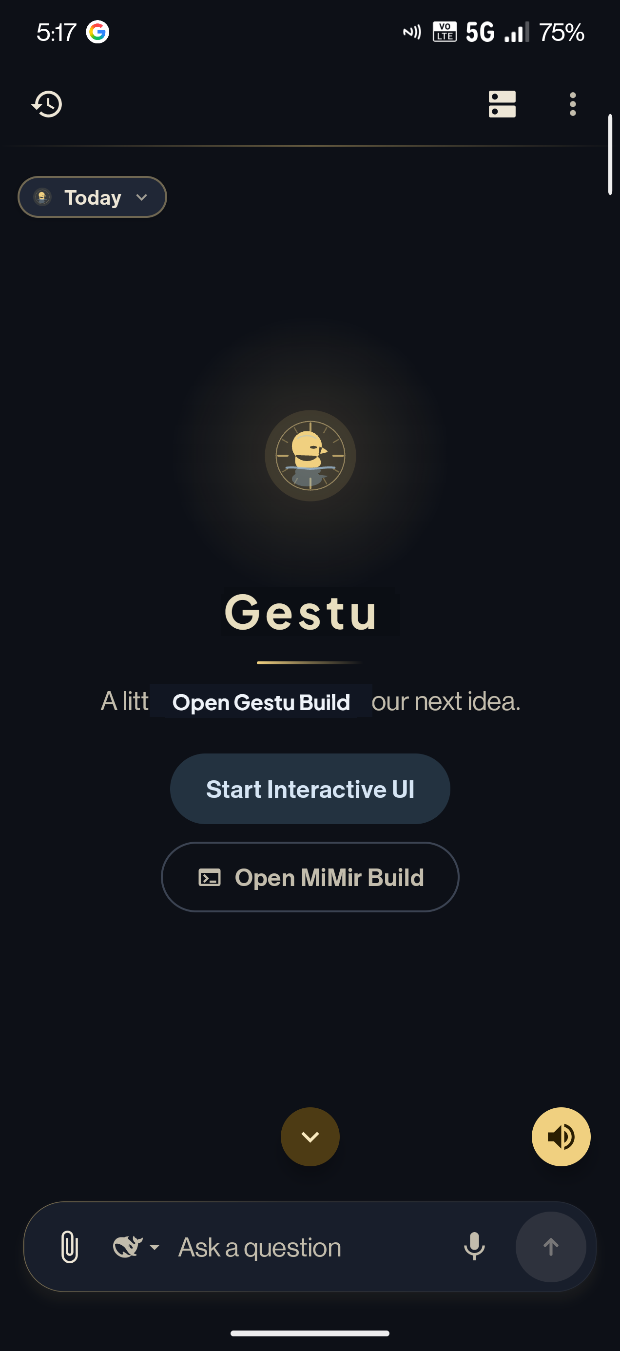 Gestu launch screen with the Gestu emblem, Start Interactive UI, and Open Gestu Build.