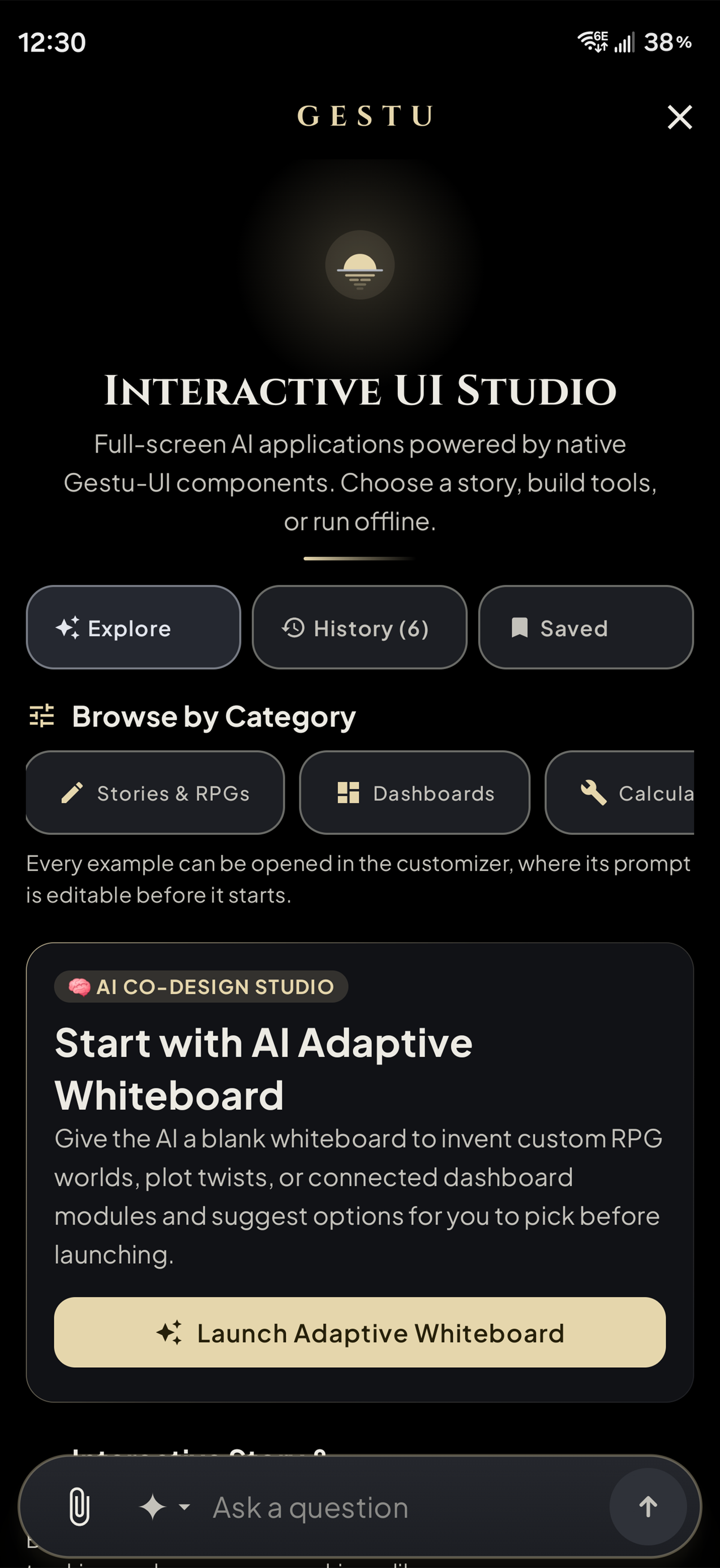 Gestu Interactive UI Studio Explore tab with category filter chips and the Start with AI Adaptive Whiteboard card.
