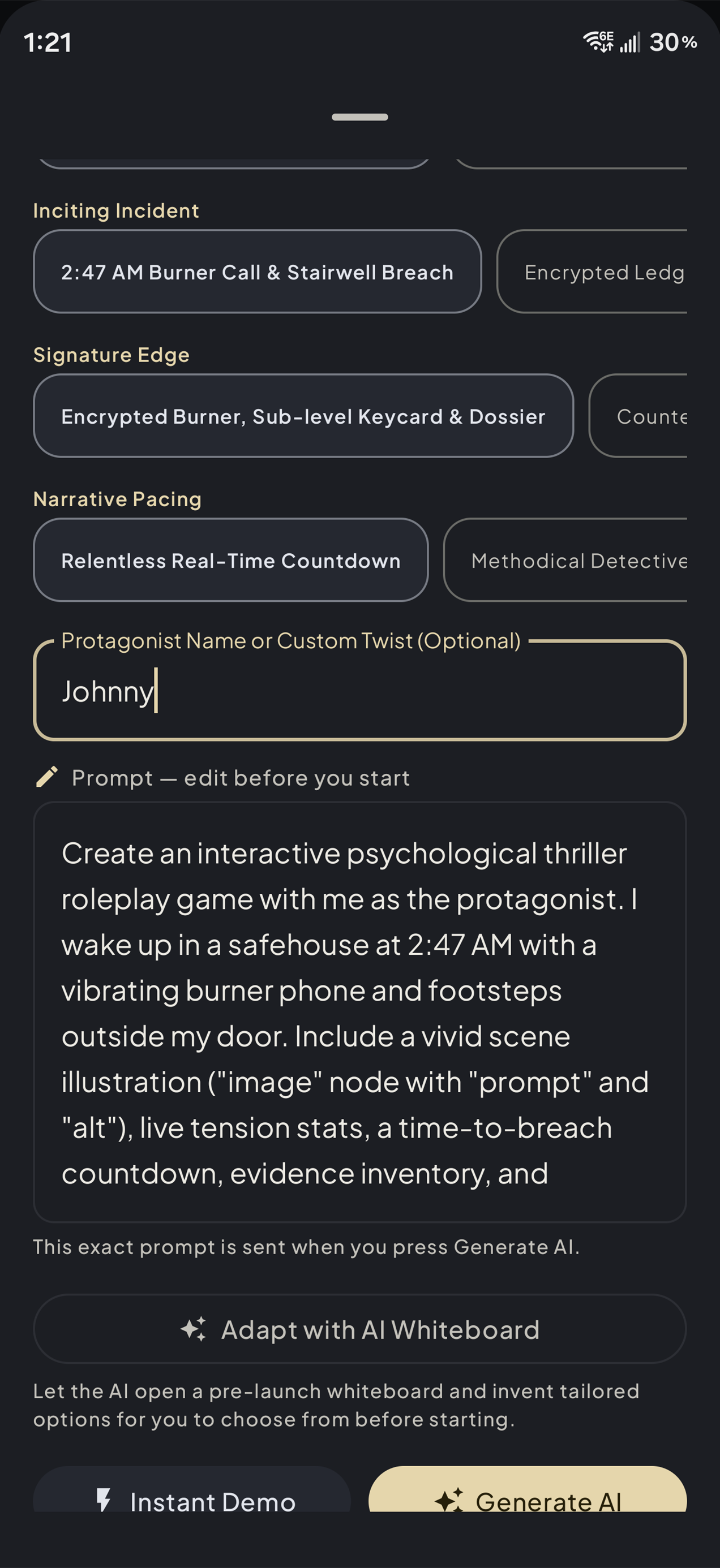 Customize sheet scrolled to Protagonist Name or Custom Twist, the editable prompt and the Adapt with AI Whiteboard, Instant Demo and Generate AI buttons.