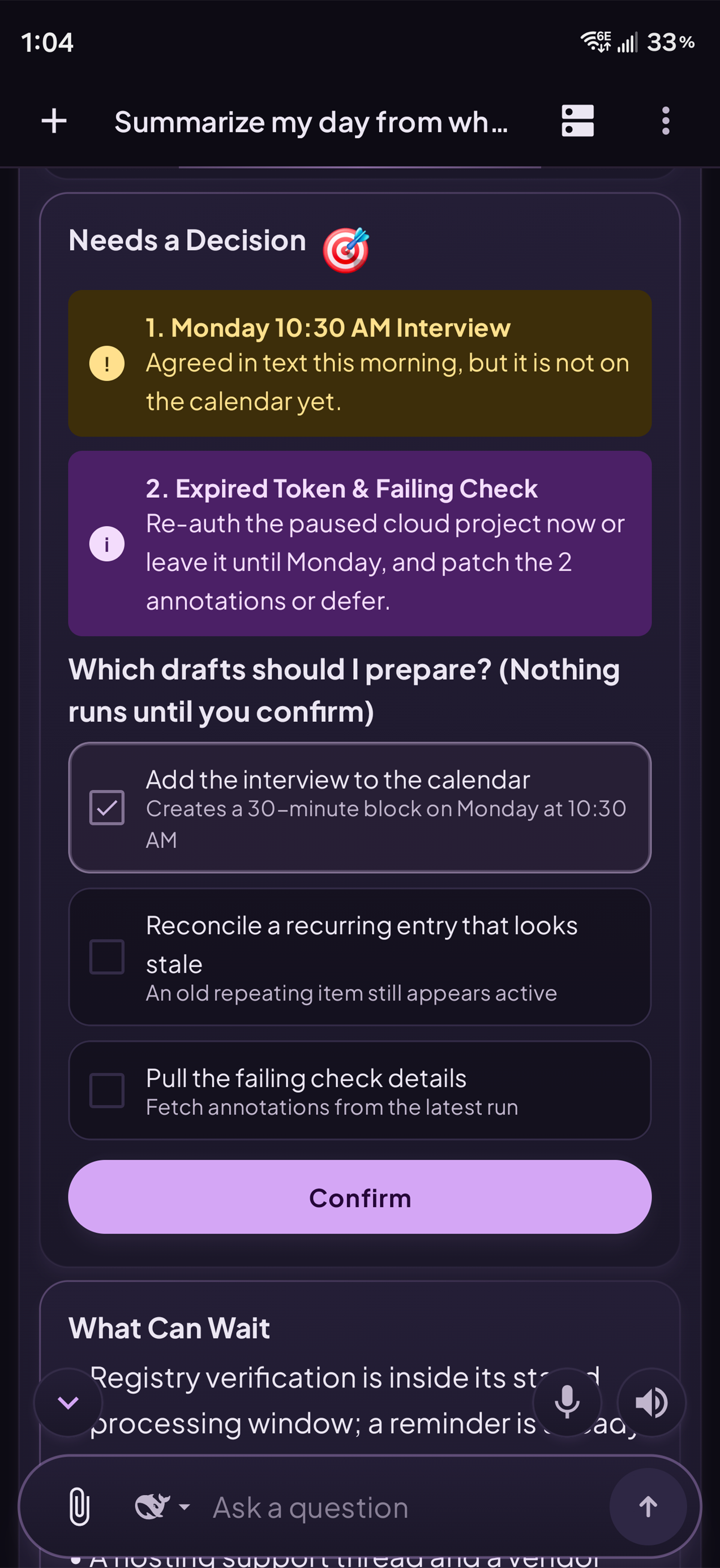 Gestu in the Seiðr theme — witchfire violet and dusk lilac — showing an interactive briefing with action checkboxes and a lilac Confirm button.